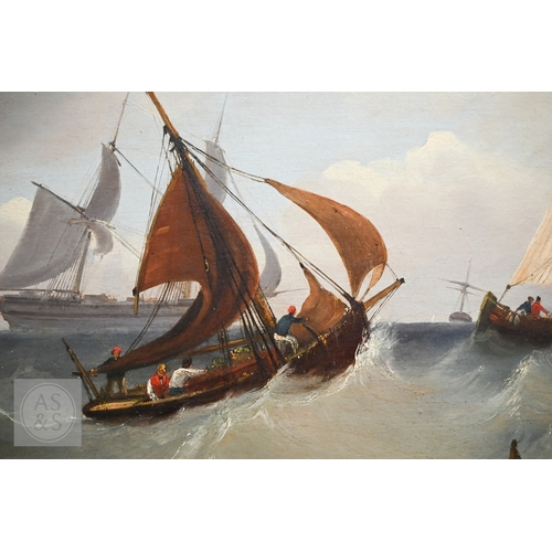 517 - Frederick Calvert attrib (1785-1845) - Sailing boats rounding the wharf, oil on canvas, 70 x 90 cm