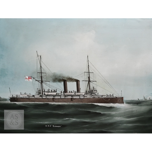 520 - Chinese School circa 1900 - The battleship HMS Centurion at sea, oil on canvas, 44 x 57 cm and HMS B... 