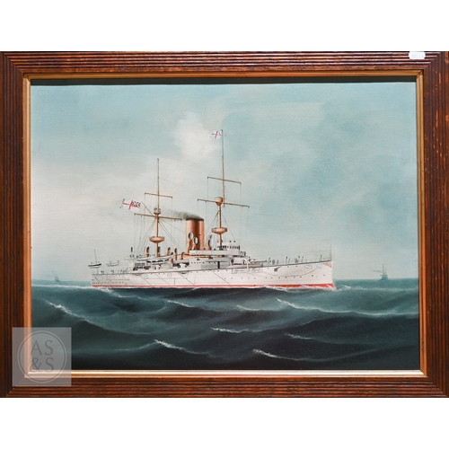 520 - Chinese School circa 1900 - The battleship HMS Centurion at sea, oil on canvas, 44 x 57 cm and HMS B... 