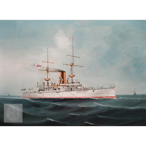 520 - Chinese School circa 1900 - The battleship HMS Centurion at sea, oil on canvas, 44 x 57 cm and HMS B... 