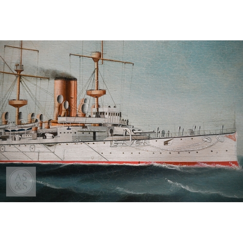 520 - Chinese School circa 1900 - The battleship HMS Centurion at sea, oil on canvas, 44 x 57 cm and HMS B... 