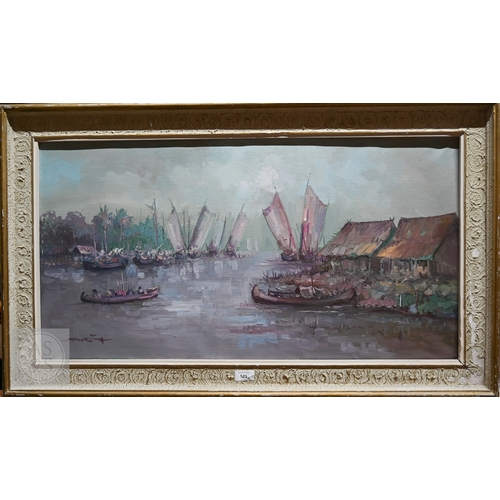 521 - South East Asian school circa 1970s - River view with sampan, oil on canvas, signed lower left, 44 x... 