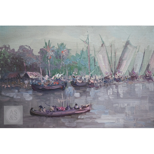 521 - South East Asian school circa 1970s - River view with sampan, oil on canvas, signed lower left, 44 x... 
