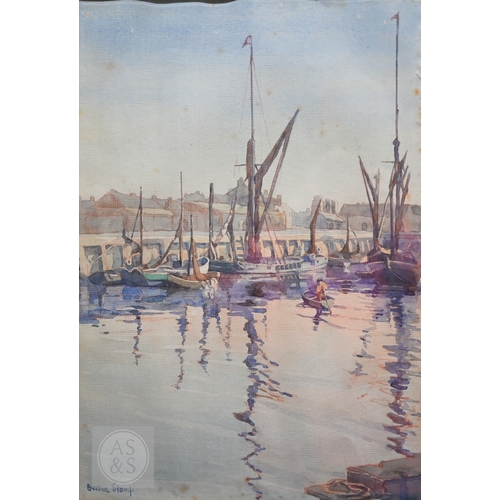 527 - Bertha Stamp - Sailing boats in a harbour, watercolour, signed lower left, 50 x 35 cm