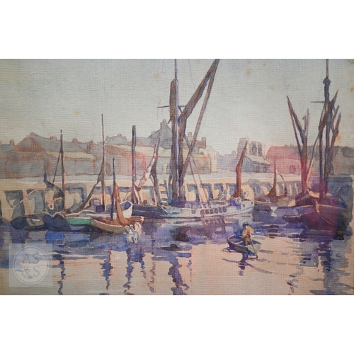 527 - Bertha Stamp - Sailing boats in a harbour, watercolour, signed lower left, 50 x 35 cm