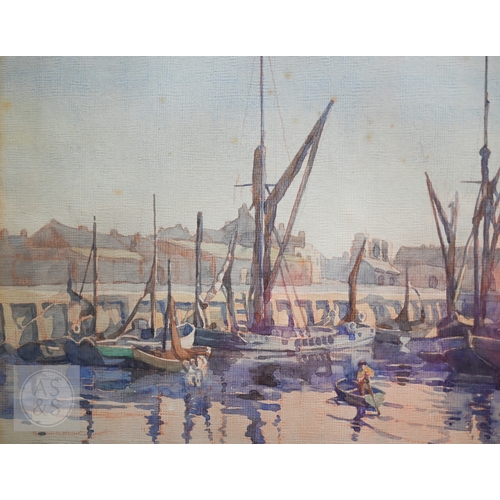 527 - Bertha Stamp - Sailing boats in a harbour, watercolour, signed lower left, 50 x 35 cm
