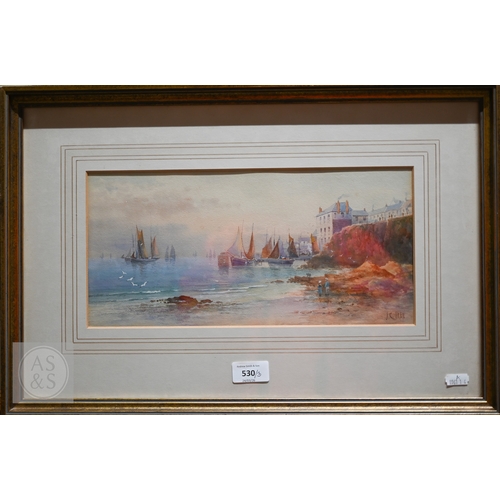 530 - J C Wren - A Cornish harbour, watercolour, signed lower right, 16 x 34 cm; E Miller - Tangiers, wate... 