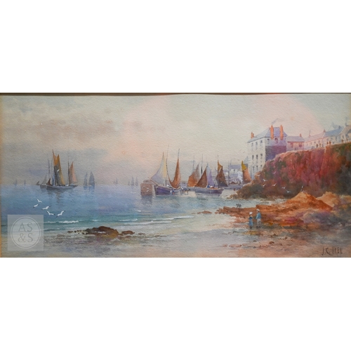 530 - J C Wren - A Cornish harbour, watercolour, signed lower right, 16 x 34 cm; E Miller - Tangiers, wate... 
