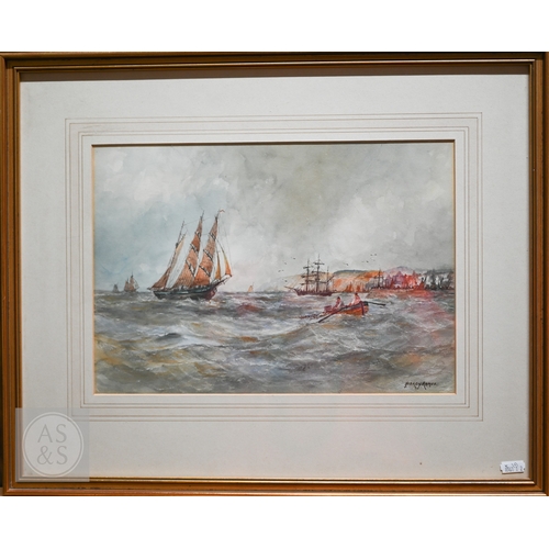 531 - R Markes - Marine view, watercolour, signed lower left, 18 x 36.5 cm; Aubrey Ramus (1895-1950) - Fis... 