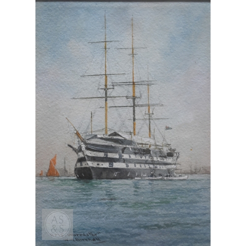 532 - William M Birchall (1884-1941) - 'The training ship HMS Worcester on the Thames at Greenwich', water... 