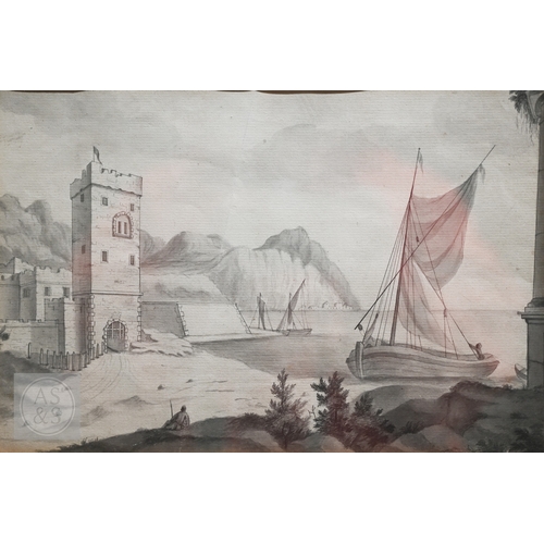 533 - John White Abbott (1763-1851) - 'Sailing boat moored next to a fortress', pen and ink and monochrome... 