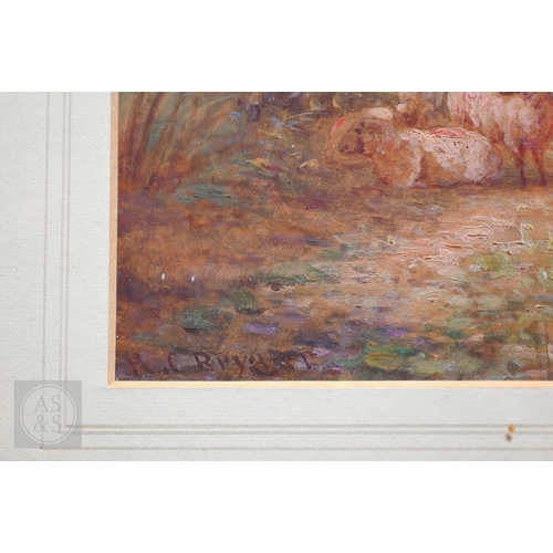 536 - H C Bryant (1812-90) - Sheep in a wooded copse at sunset, watercolour, signed lower left, 18 x 25 cm... 