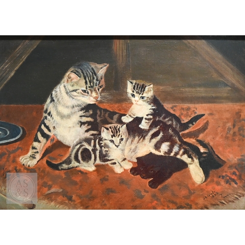 541 - J H Fowle - Study of tabby cat and her kittens at play, oil on board, signed and dated 1893 lower ri... 