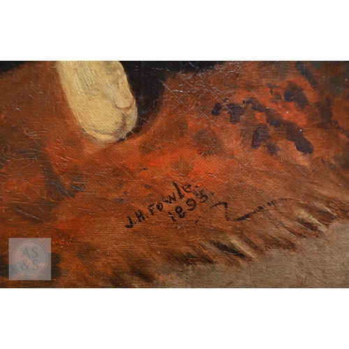 541 - J H Fowle - Study of tabby cat and her kittens at play, oil on board, signed and dated 1893 lower ri... 