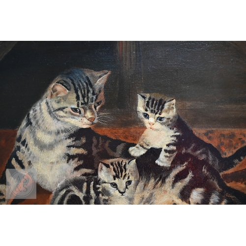 541 - J H Fowle - Study of tabby cat and her kittens at play, oil on board, signed and dated 1893 lower ri... 