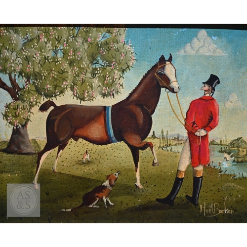 544 - Noel Barker (b 1924) - Horse and huntsman with hounds, oil on panel, signed lower right, 19 x 24 cm