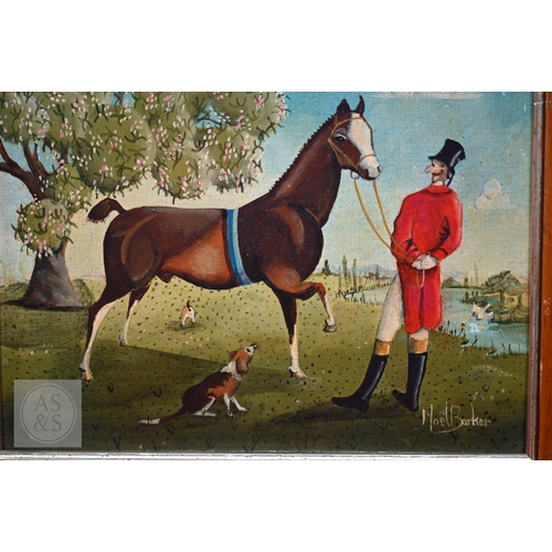 544 - Noel Barker (b 1924) - Horse and huntsman with hounds, oil on panel, signed lower right, 19 x 24 cm