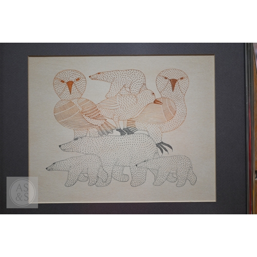 546 - Kenojuak Ashevak (1927-2013) - 'Owls and Bears', Cape Dorset, 1970, stonecut print in colours, 25.5 ... 