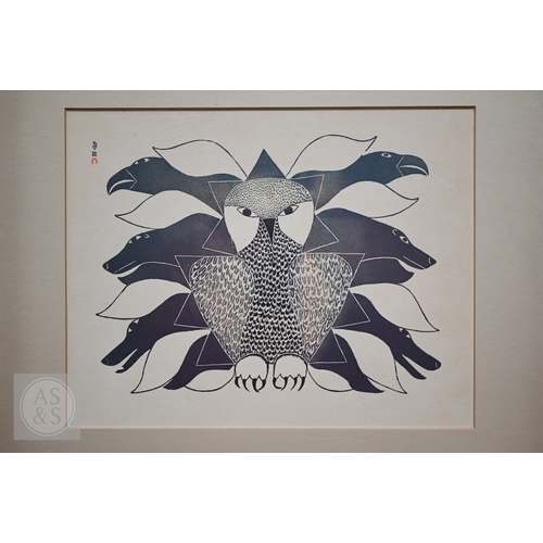 549 - Kenojuak Ashevak (1927-2013) - 'Owl, Raven and Dogs', 1967, stonecut print in colours, signed, 25.5 ... 