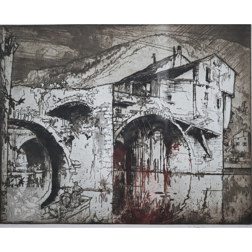 555 - Frank Brangwyn (1867-1956) - 'The Old Bridge, Millau', etching, pencil signed to lower right margin,... 