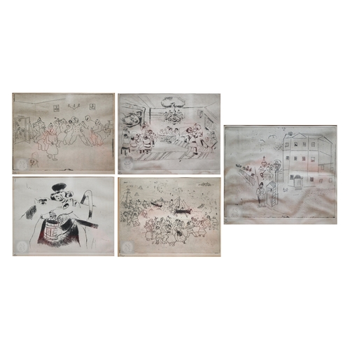 Marc Chagall (1887-1985) - Five limited edition etchings - The Court, numbered 165/335, 22 x 27.5 cm; The Wheat Port, 183/335, 21 x 27 cm; Selifan feeds the horses, 165/335, 21.5 x 28 cm; The tavern of the artists, 165/335, 22 x 28.5 cm; The Witnesses, 307/335, 21.5 x 27.5 cm (5) Discoloured, one with staining possibly acid burn or adhesive damage