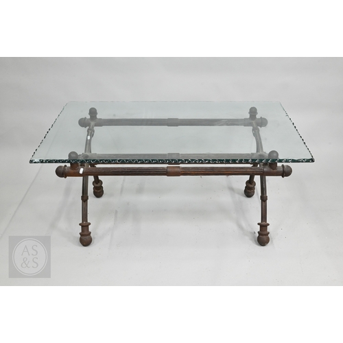 642 - An aged Regency style cast iron coffee table with feather edged plate glass top, 111 cm x 73 cm x 49... 