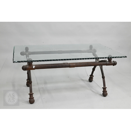 642 - An aged Regency style cast iron coffee table with feather edged plate glass top, 111 cm x 73 cm x 49... 