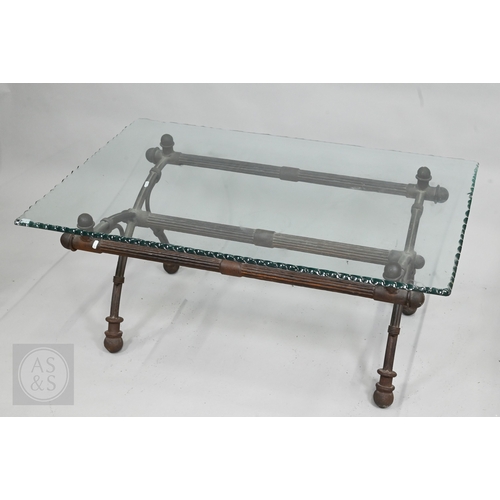 642 - An aged Regency style cast iron coffee table with feather edged plate glass top, 111 cm x 73 cm x 49... 