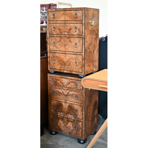 170 - A matched pair of 20th century bespoke burr walnut veneered bedside chests with brass side handles a...