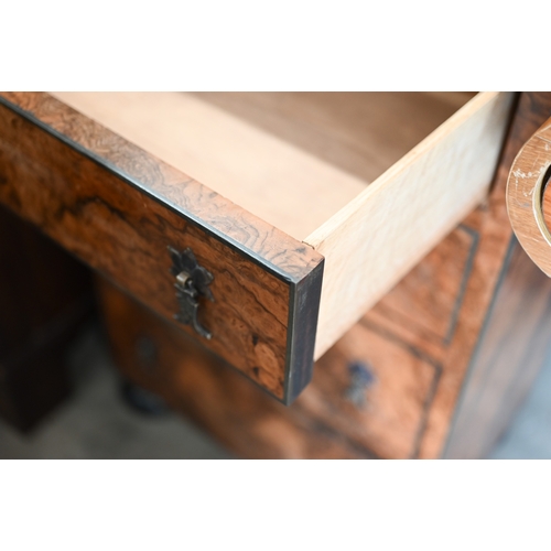 170 - A matched pair of 20th century bespoke burr walnut veneered bedside chests with brass side handles a... 