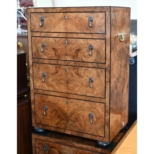 170 - A matched pair of 20th century bespoke burr walnut veneered bedside chests with brass side handles a... 