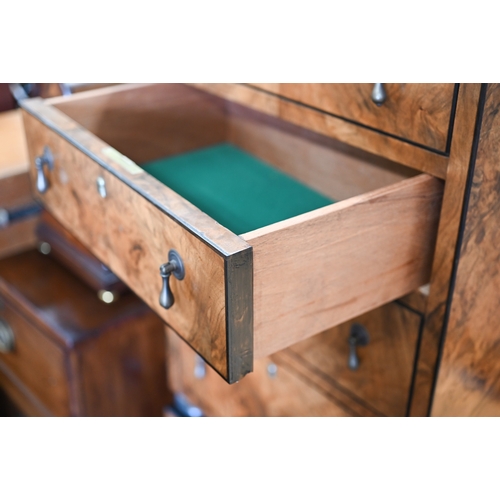 170 - A matched pair of 20th century bespoke burr walnut veneered bedside chests with brass side handles a... 