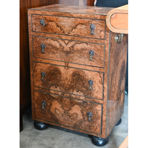 170 - A matched pair of 20th century bespoke burr walnut veneered bedside chests with brass side handles a... 