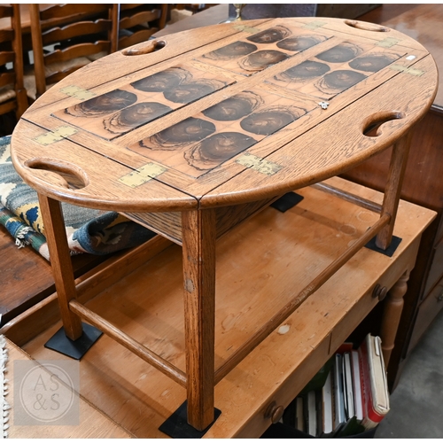 A bespoke ash tray-top butler's table with olive-oyster veneer top panel, 90 x 60 x 48 cm high
