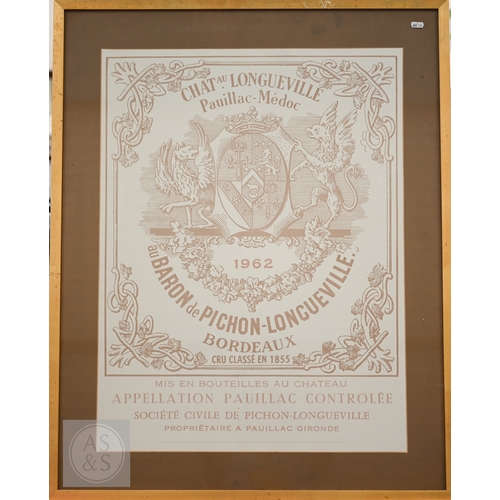 324 - Two posters of wine lables - Chateau Longueville 1962 and Chateau Lafite-Rothschild, 1945, 58 x 77 c... 