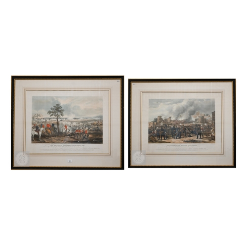 325 - Two Ackerman hand-coloured engravings - 'The Storming of Moolton' and 'The Battle of Goojerat', 1850...