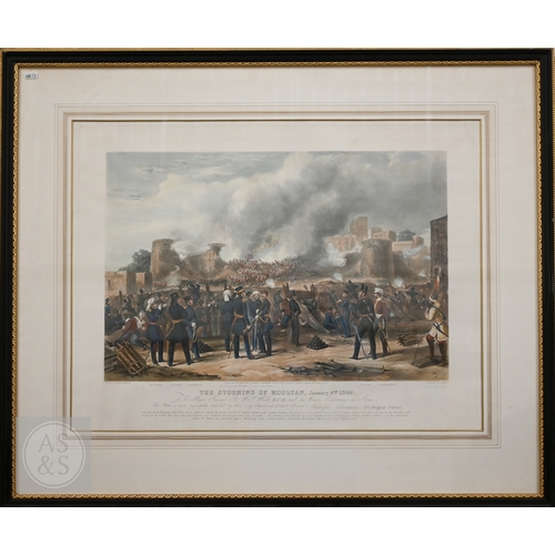 325 - Two Ackerman hand-coloured engravings - 'The Storming of Moolton' and 'The Battle of Goojerat', 1850... 