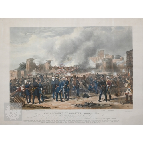 325 - Two Ackerman hand-coloured engravings - 'The Storming of Moolton' and 'The Battle of Goojerat', 1850... 