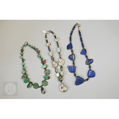470 - A hardstone and iridescent ammonite necklace, a lapis lazuli bead necklace and a green chalcedony st... 