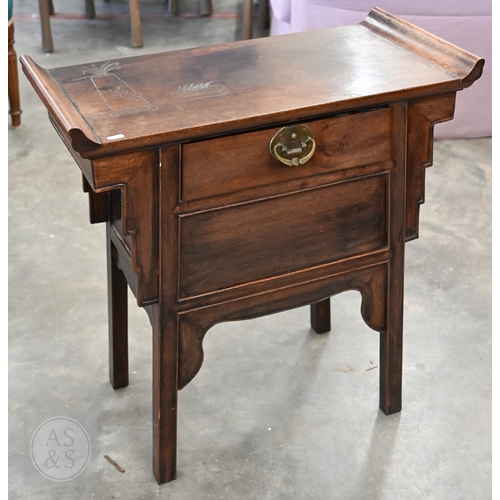A 20th century Chinese Ming style hardwood altar cabinet with traditional brass latch handle on single drawer tapering panelled base, 68 x 32 x 72 cm high
