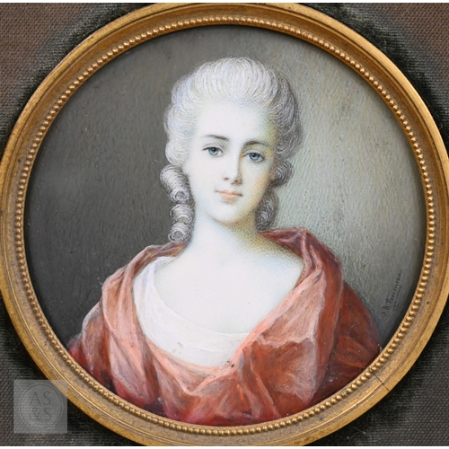 469 - An antique French portrait miniature on ivory, La Marquise D'Anglure, bears signature 'J B Perroneau... 