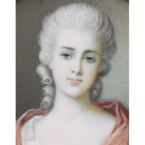 469 - An antique French portrait miniature on ivory, La Marquise D'Anglure, bears signature 'J B Perroneau... 
