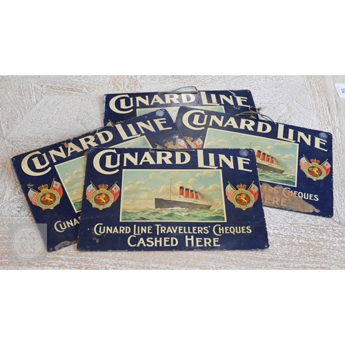 526 - Four vintage printed tin advertising signs - 'Cunard Line Travellers' Cheques Cashed Here', 17 x 24c...