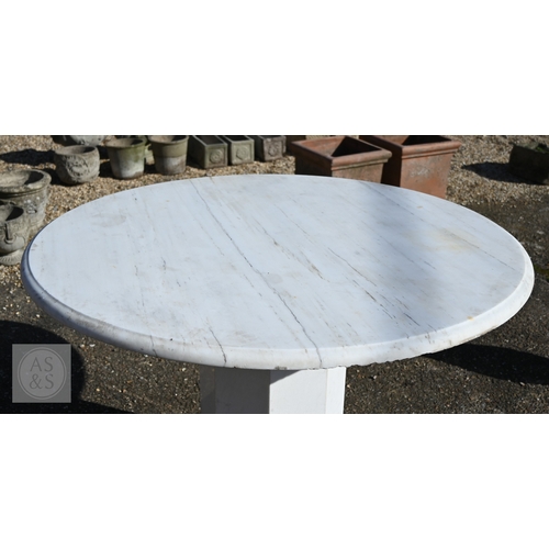 9 - A contemporary circular veined white marble top table raised on a conforming octagonal base, 120 cm ... 