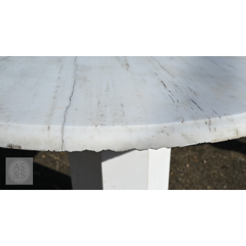 9 - A contemporary circular veined white marble top table raised on a conforming octagonal base, 120 cm ... 