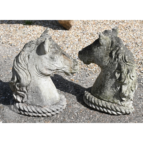 1 - A pair of weathered cast stone horse heads, 48 cm h (2)