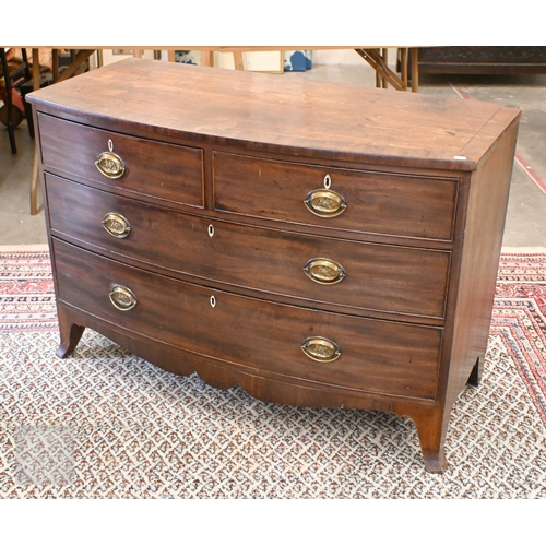112 - A 19th century mahogany bowfront chest of two short over two long drawers with embossed brass 'horse... 
