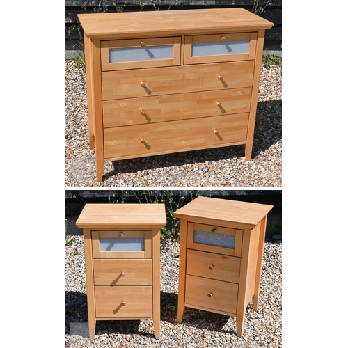 128 - Budilsen Furniture, a pair of three drawer bedside chests, 47 cm x 41.5 cm x 71 cm h to/with a match... 