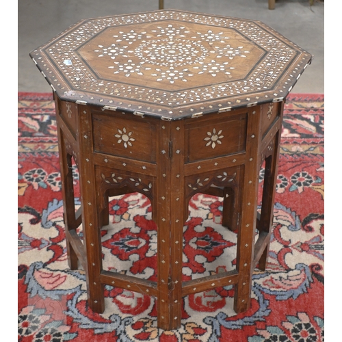 129 - An antique Anglo-Indian 'Hoshiarpur' octagonal occasional table with Moorish style decorative bone i... 