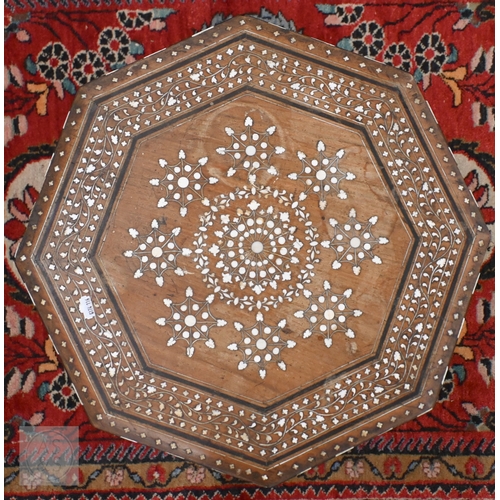 129 - An antique Anglo-Indian 'Hoshiarpur' octagonal occasional table with Moorish style decorative bone i... 